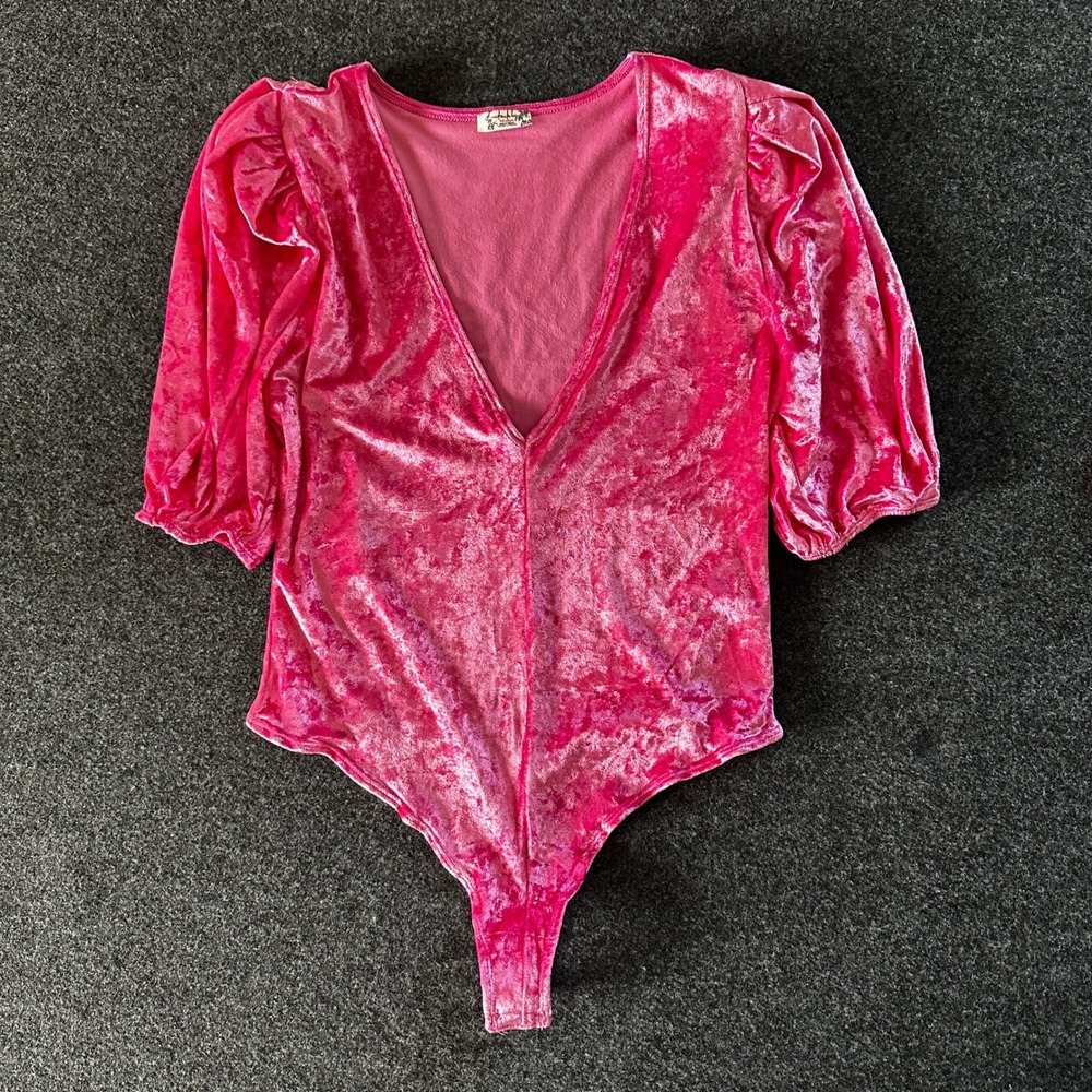 Free People Hot Pink Velvet Puff Sleeve Bodysuit